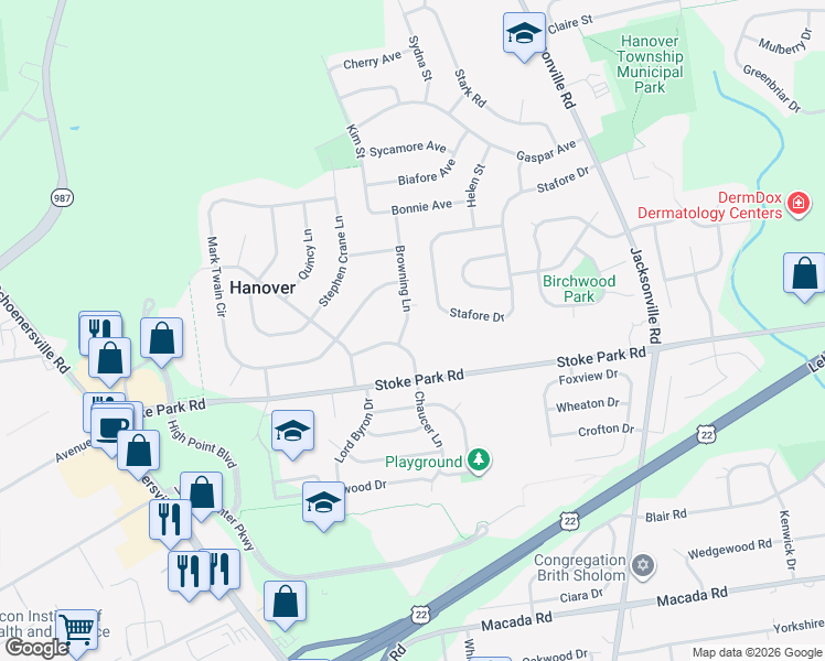map of restaurants, bars, coffee shops, grocery stores, and more near 3524 Browning Lane in Bethlehem