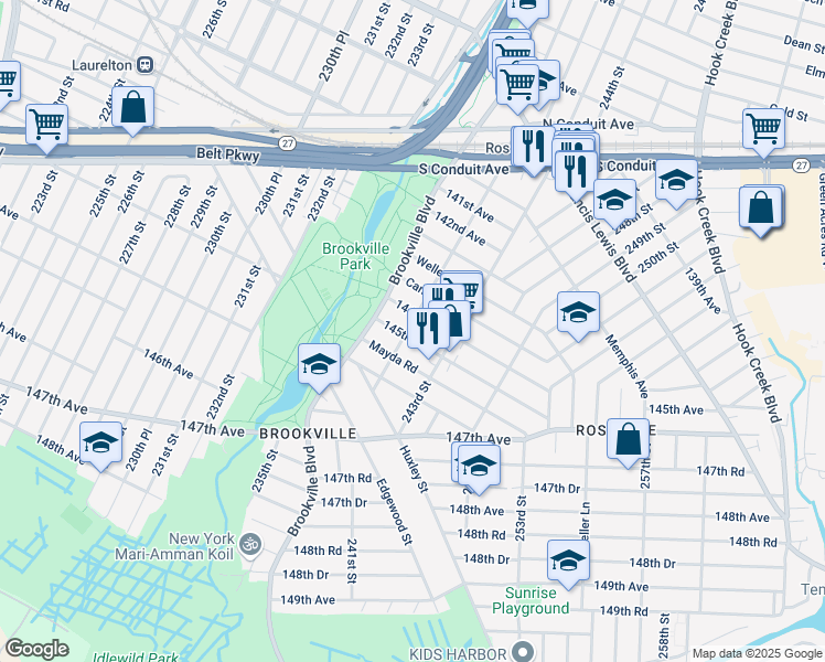 map of restaurants, bars, coffee shops, grocery stores, and more near 240-26 145th Avenue in Queens