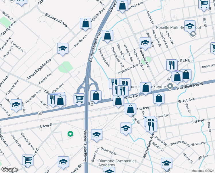 map of restaurants, bars, coffee shops, grocery stores, and more near 25 Carpenter Place in Cranford