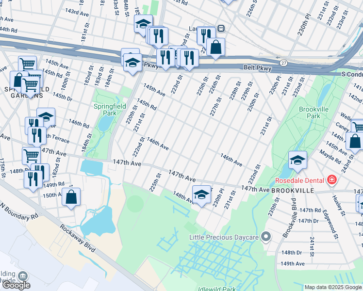 map of restaurants, bars, coffee shops, grocery stores, and more near 145-84 226th Street in Queens