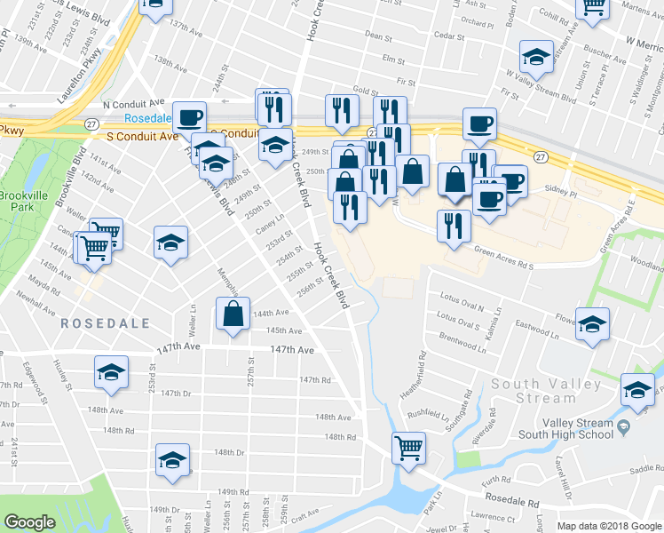 map of restaurants, bars, coffee shops, grocery stores, and more near 137-20 256th Street in Queens