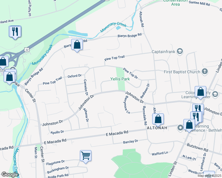 map of restaurants, bars, coffee shops, grocery stores, and more near 535 Johnston Drive in Bethlehem