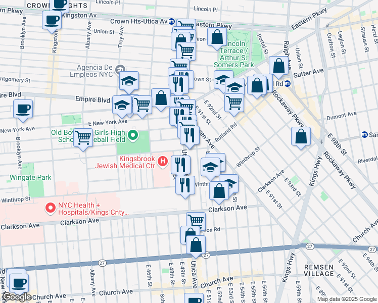 map of restaurants, bars, coffee shops, grocery stores, and more near 66 East 51st Street in Brooklyn