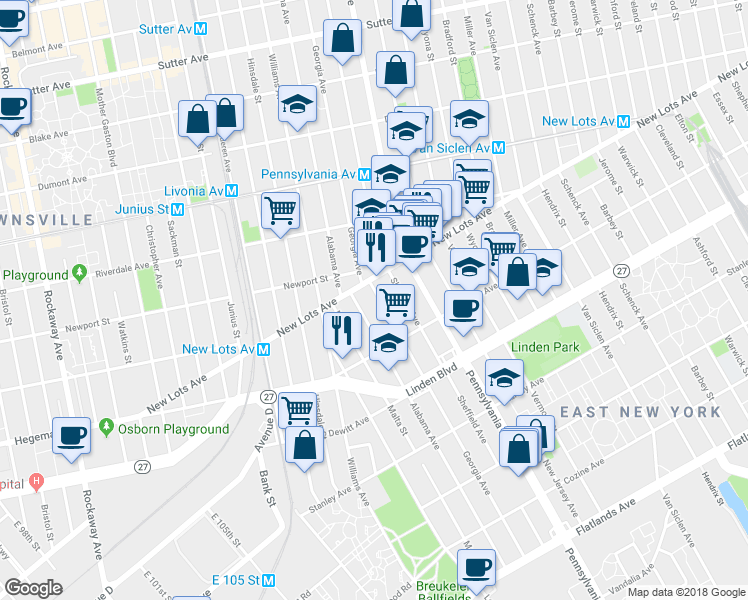 map of restaurants, bars, coffee shops, grocery stores, and more near 654 Georgia Ave in Brooklyn