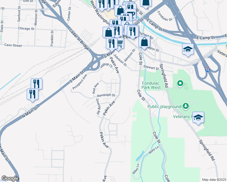 map of restaurants, bars, coffee shops, grocery stores, and more near 225 Grandview Avenue in East Peoria