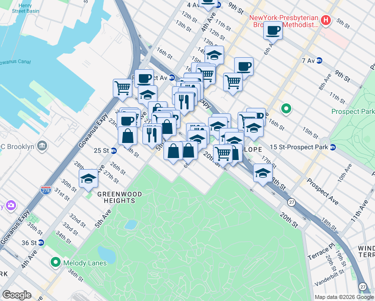 map of restaurants, bars, coffee shops, grocery stores, and more near 289 21st Street in Brooklyn