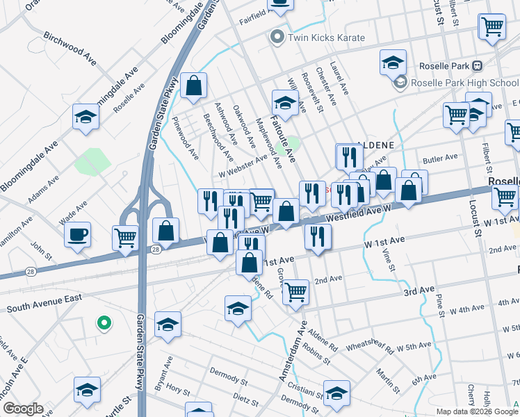 map of restaurants, bars, coffee shops, grocery stores, and more near 124 Bridge Street in Roselle Park