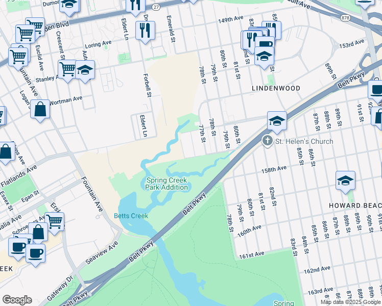 map of restaurants, bars, coffee shops, grocery stores, and more near 156-48 76th Street in Queens