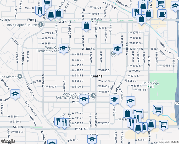 map of restaurants, bars, coffee shops, grocery stores, and more near 4996 South 4460 West in Kearns