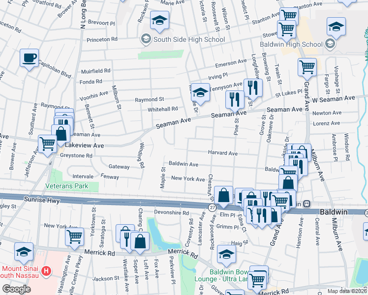 map of restaurants, bars, coffee shops, grocery stores, and more near 2062 Walnut Street in Baldwin