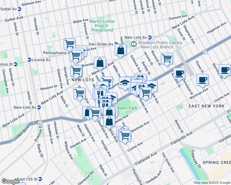 map of restaurants, bars, coffee shops, grocery stores, and more near 745 Wyona Street in Brooklyn
