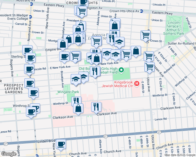 map of restaurants, bars, coffee shops, grocery stores, and more near 577 Albany Avenue in Brooklyn