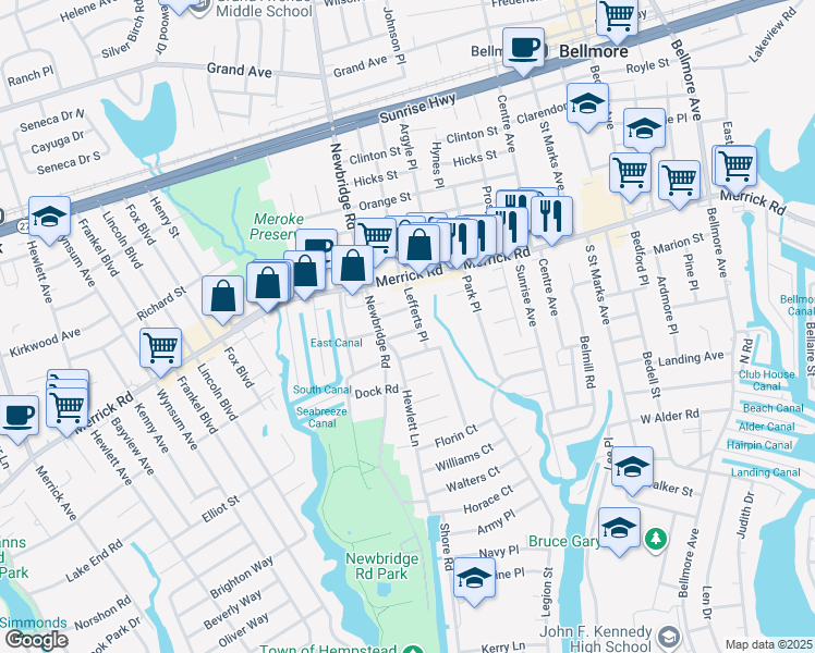 map of restaurants, bars, coffee shops, grocery stores, and more near 2455 Berkeley Place in Bellmore