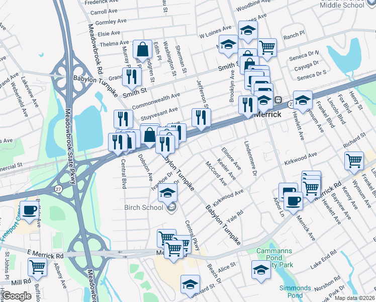map of restaurants, bars, coffee shops, grocery stores, and more near 11 Girard Place in Merrick