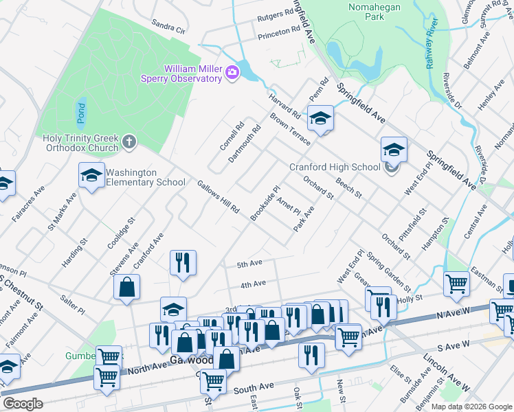 map of restaurants, bars, coffee shops, grocery stores, and more near 595 Brookside Place in Cranford