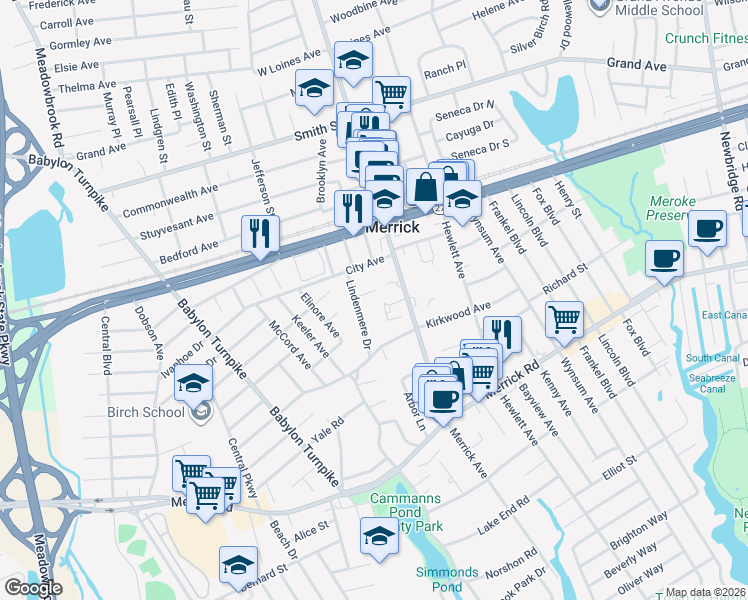 map of restaurants, bars, coffee shops, grocery stores, and more near 1974 Carman Court in Merrick