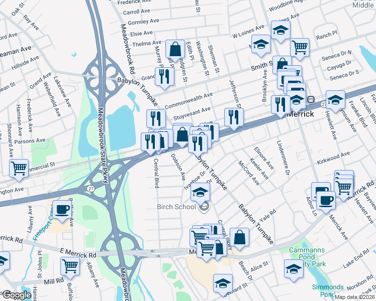 map of restaurants, bars, coffee shops, grocery stores, and more near 231 Sunrise Highway in Merrick