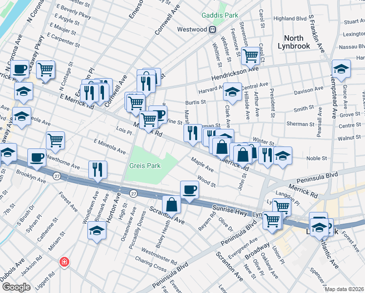 map of restaurants, bars, coffee shops, grocery stores, and more near 610 Merrick Road in Lynbrook