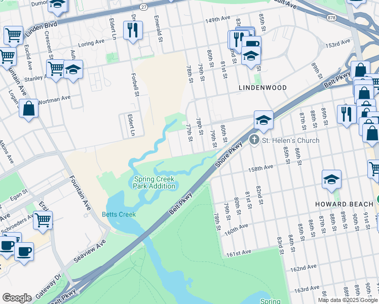map of restaurants, bars, coffee shops, grocery stores, and more near 15649 Amber Street in Queens