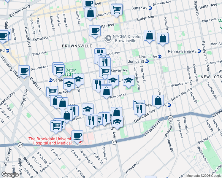 map of restaurants, bars, coffee shops, grocery stores, and more near 787 Rockaway Avenue in Brooklyn