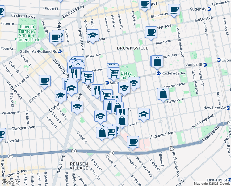 map of restaurants, bars, coffee shops, grocery stores, and more near 822 Saratoga Avenue in Brooklyn