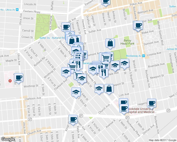 map of restaurants, bars, coffee shops, grocery stores, and more near 268 East 98th Street in Brooklyn