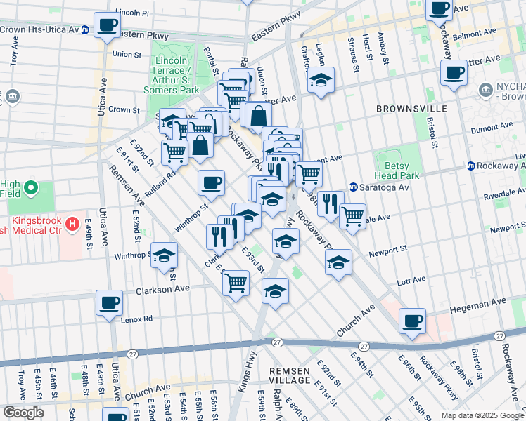 map of restaurants, bars, coffee shops, grocery stores, and more near 9517 Kings Highway in Brooklyn