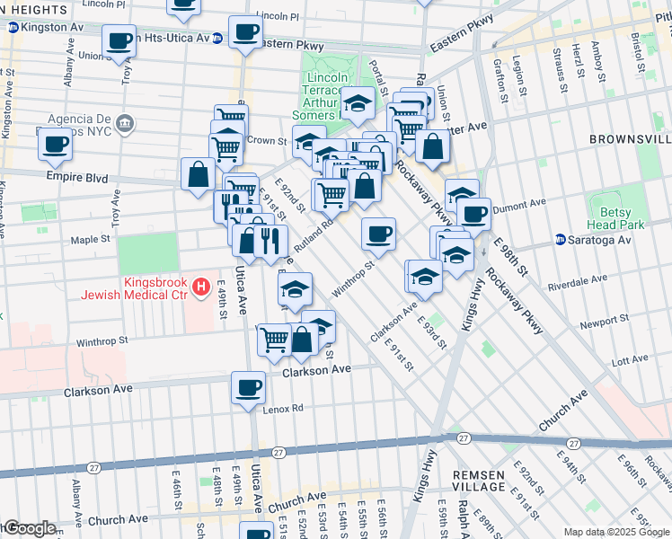 map of restaurants, bars, coffee shops, grocery stores, and more near 162 East 91st Street in Brooklyn