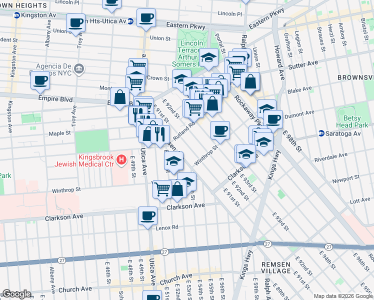 map of restaurants, bars, coffee shops, grocery stores, and more near 162 East 91st Street in Brooklyn