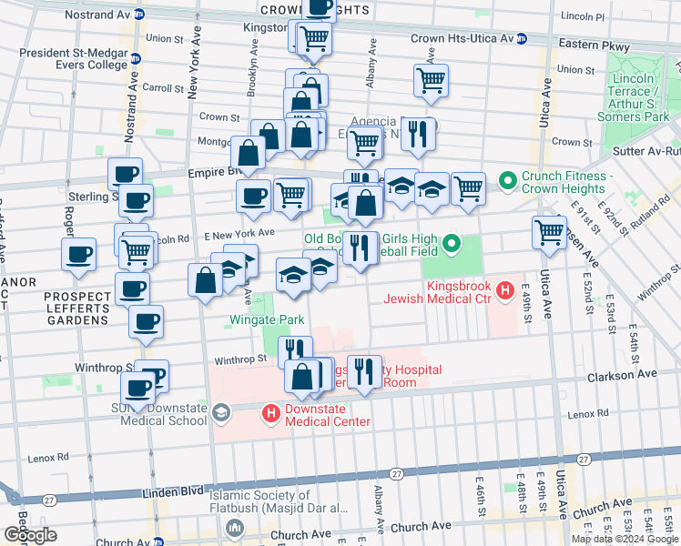 map of restaurants, bars, coffee shops, grocery stores, and more near 596 Midwood Street in Brooklyn