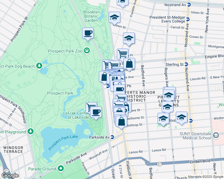 map of restaurants, bars, coffee shops, grocery stores, and more near 115 Ocean Avenue in Brooklyn