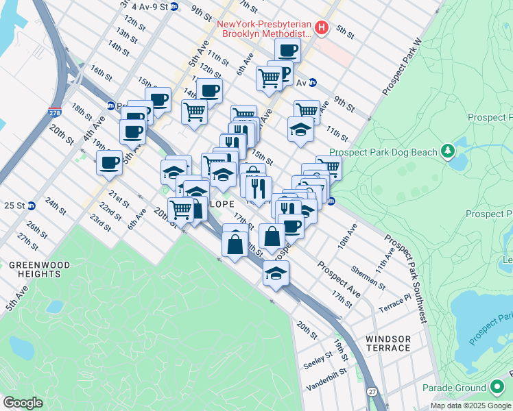 map of restaurants, bars, coffee shops, grocery stores, and more near 411A Prospect Avenue in Brooklyn