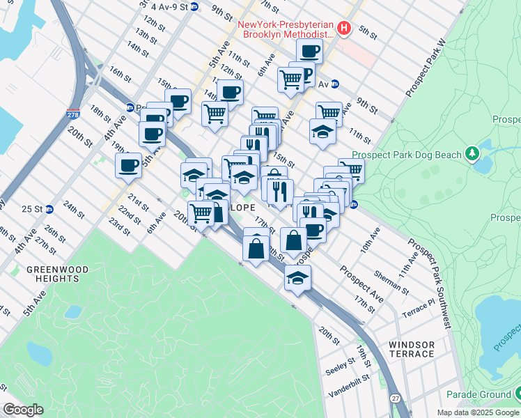 map of restaurants, bars, coffee shops, grocery stores, and more near 411A Prospect Avenue in Brooklyn