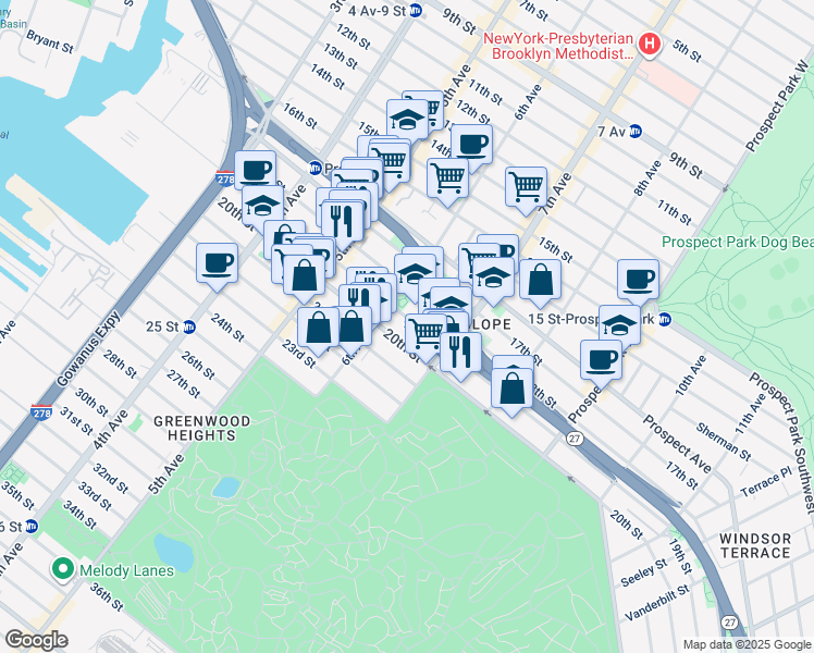map of restaurants, bars, coffee shops, grocery stores, and more near 328A 19th Street in Brooklyn