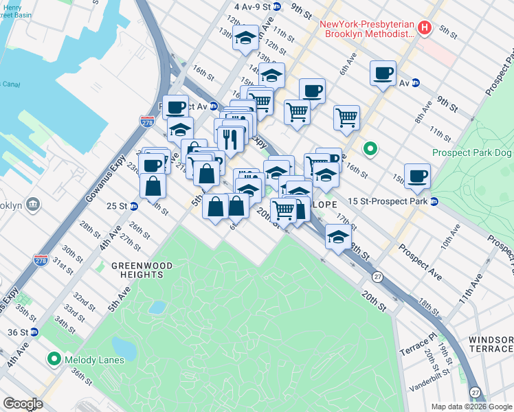 map of restaurants, bars, coffee shops, grocery stores, and more near in Brooklyn