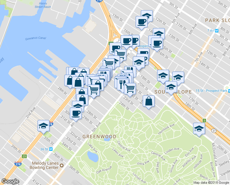 map of restaurants, bars, coffee shops, grocery stores, and more near 229 23rd Street in Brooklyn