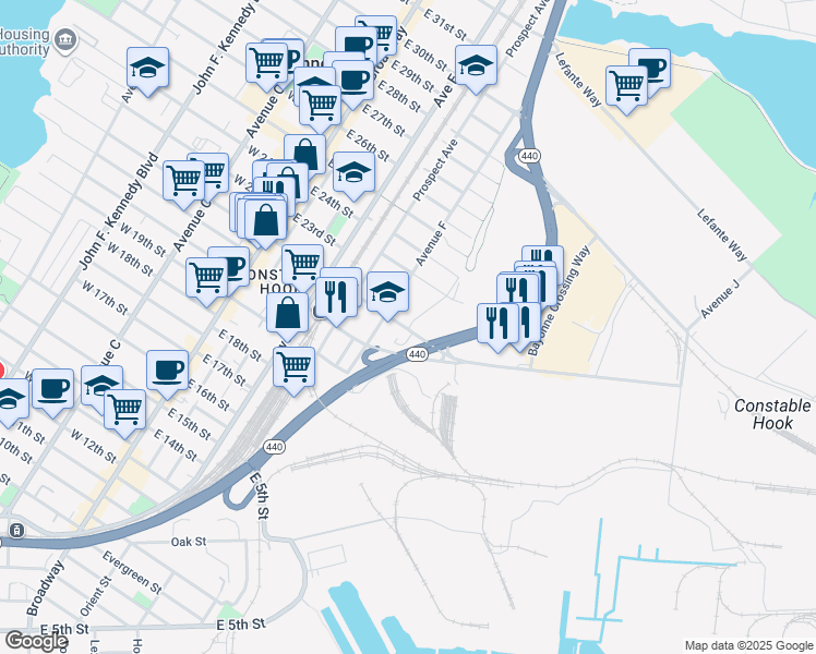 map of restaurants, bars, coffee shops, grocery stores, and more near 106 East 22nd Street in Bayonne