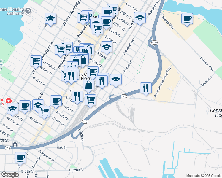 map of restaurants, bars, coffee shops, grocery stores, and more near 103 Avenue F in Bayonne