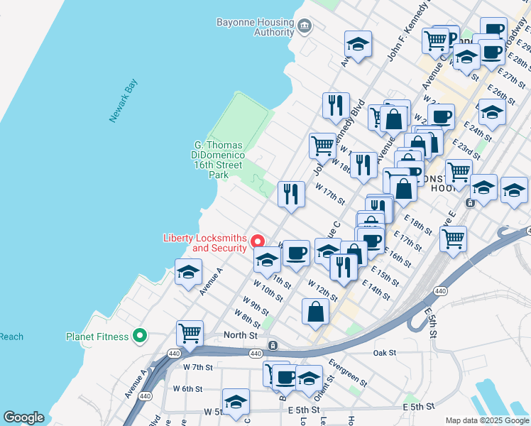 map of restaurants, bars, coffee shops, grocery stores, and more near 118 West 15th Street in Bayonne