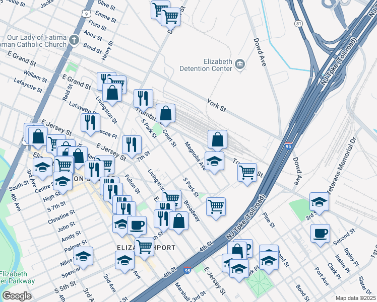 map of restaurants, bars, coffee shops, grocery stores, and more near 635 Court Street in Elizabeth