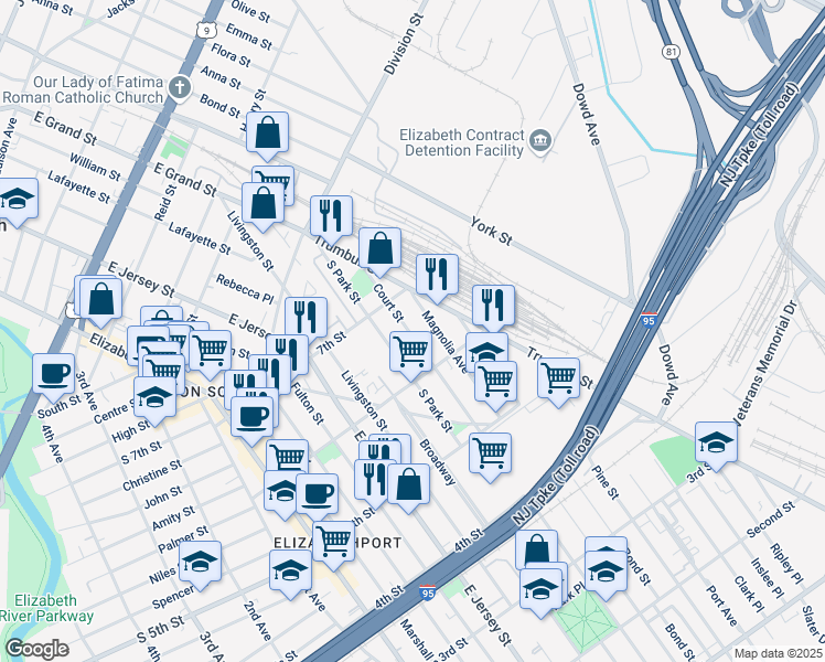 map of restaurants, bars, coffee shops, grocery stores, and more near 635 Court Street in Elizabeth