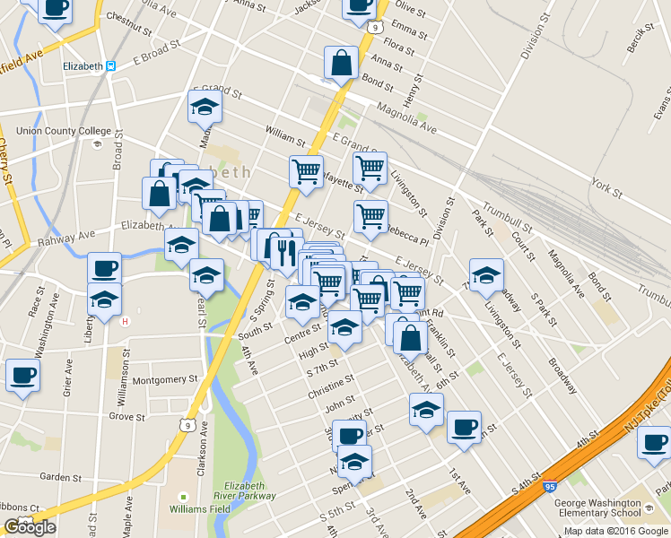 map of restaurants, bars, coffee shops, grocery stores, and more near 24 Jaques Street in Elizabeth