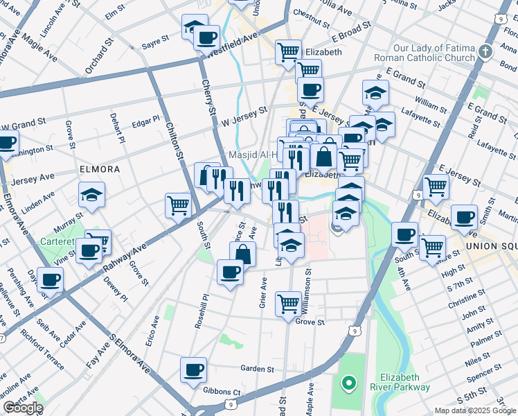 map of restaurants, bars, coffee shops, grocery stores, and more near 745 Pearl Street in Elizabeth