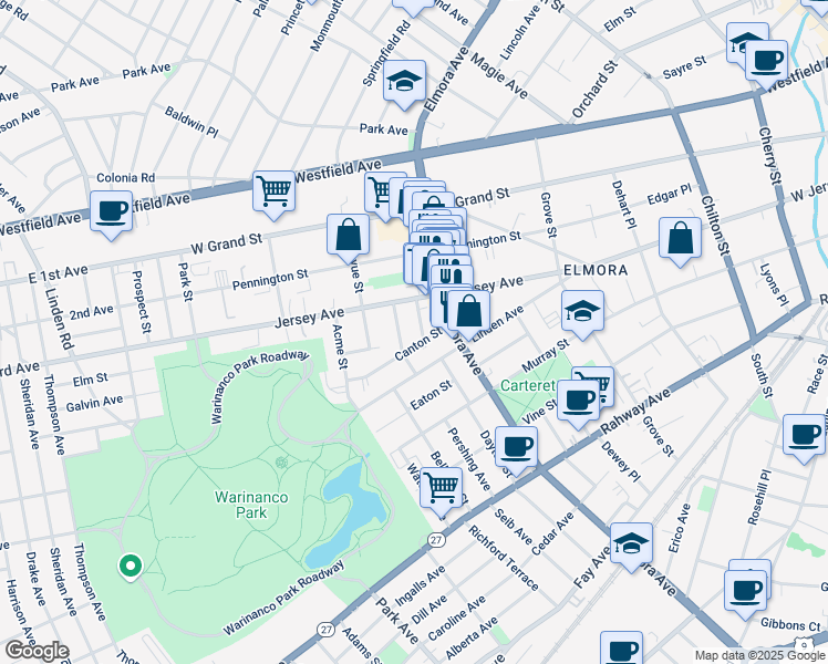 map of restaurants, bars, coffee shops, grocery stores, and more near 129 Berwick Street in Elizabeth