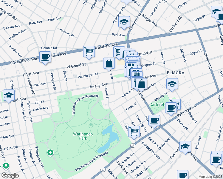 map of restaurants, bars, coffee shops, grocery stores, and more near 142 Bellevue Street in Elizabeth