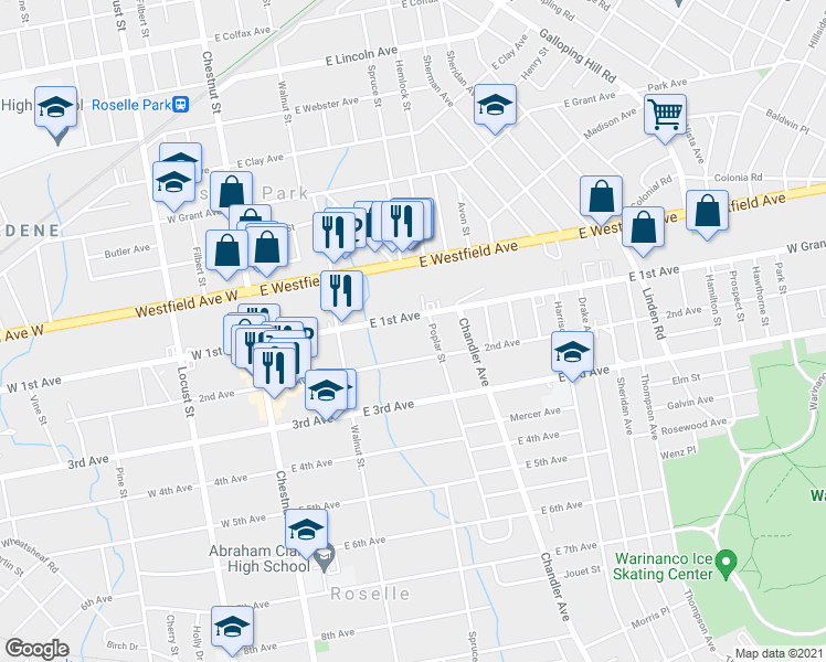 map of restaurants, bars, coffee shops, grocery stores, and more near 252 East 1st Avenue in Roselle