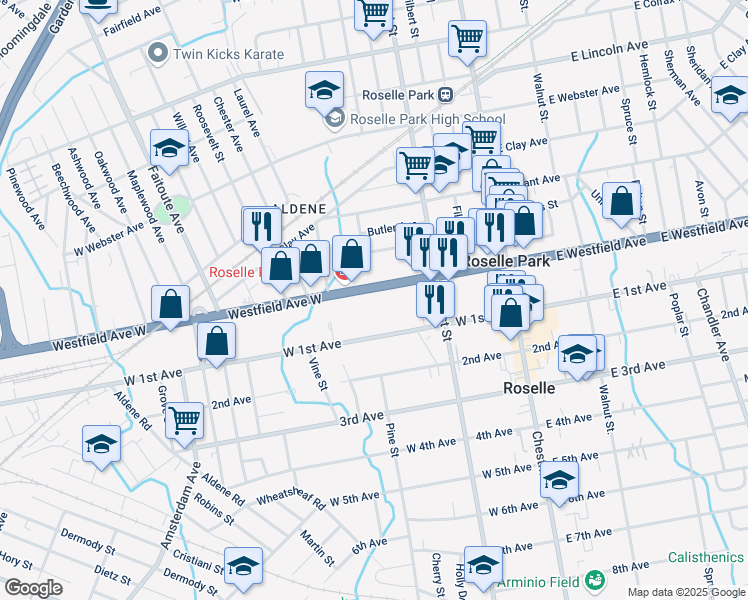 map of restaurants, bars, coffee shops, grocery stores, and more near 154 Westfield Avenue West in Roselle Park