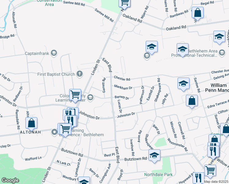map of restaurants, bars, coffee shops, grocery stores, and more near 3222 East Boulevard in Bethlehem