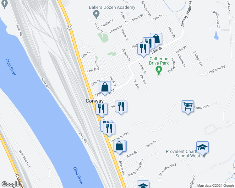 map of restaurants, bars, coffee shops, grocery stores, and more near 305 11th Street in Conway