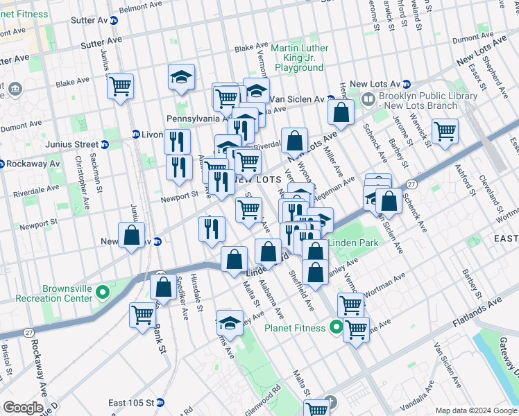 map of restaurants, bars, coffee shops, grocery stores, and more near 681 Sheffield Avenue in Brooklyn